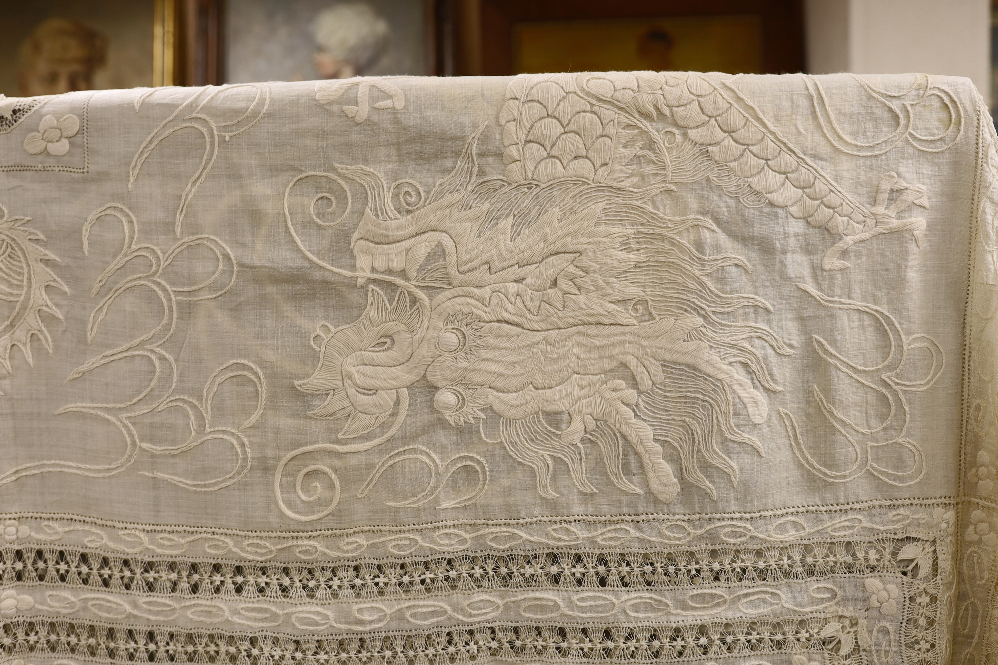 A 20th century Chinese dragon embroidered and drawn thread worked fine linen table cloth, 194cm x 240cm